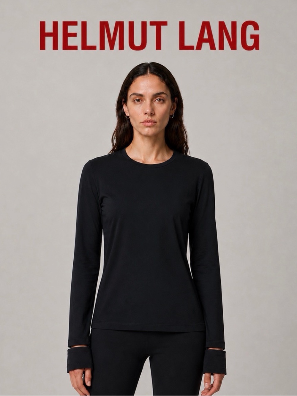 Helmut Lang Top Women L Black Fitted Long Sleeve Slash Wrist Minimalist Designer